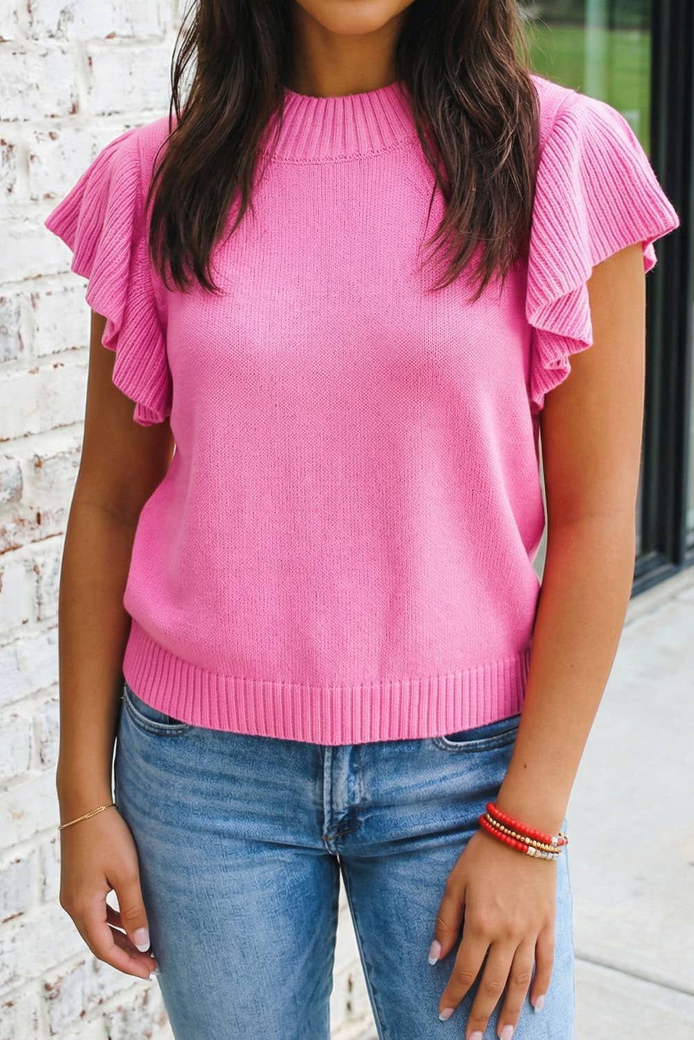 Ribbed Trim Ruffle Short Sleeve