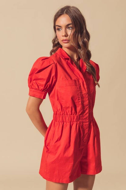 Button Up Romper With Puff Sleeves