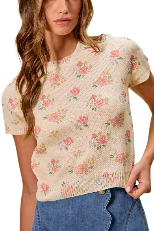 Floral Short Sleeves Sweater Top
