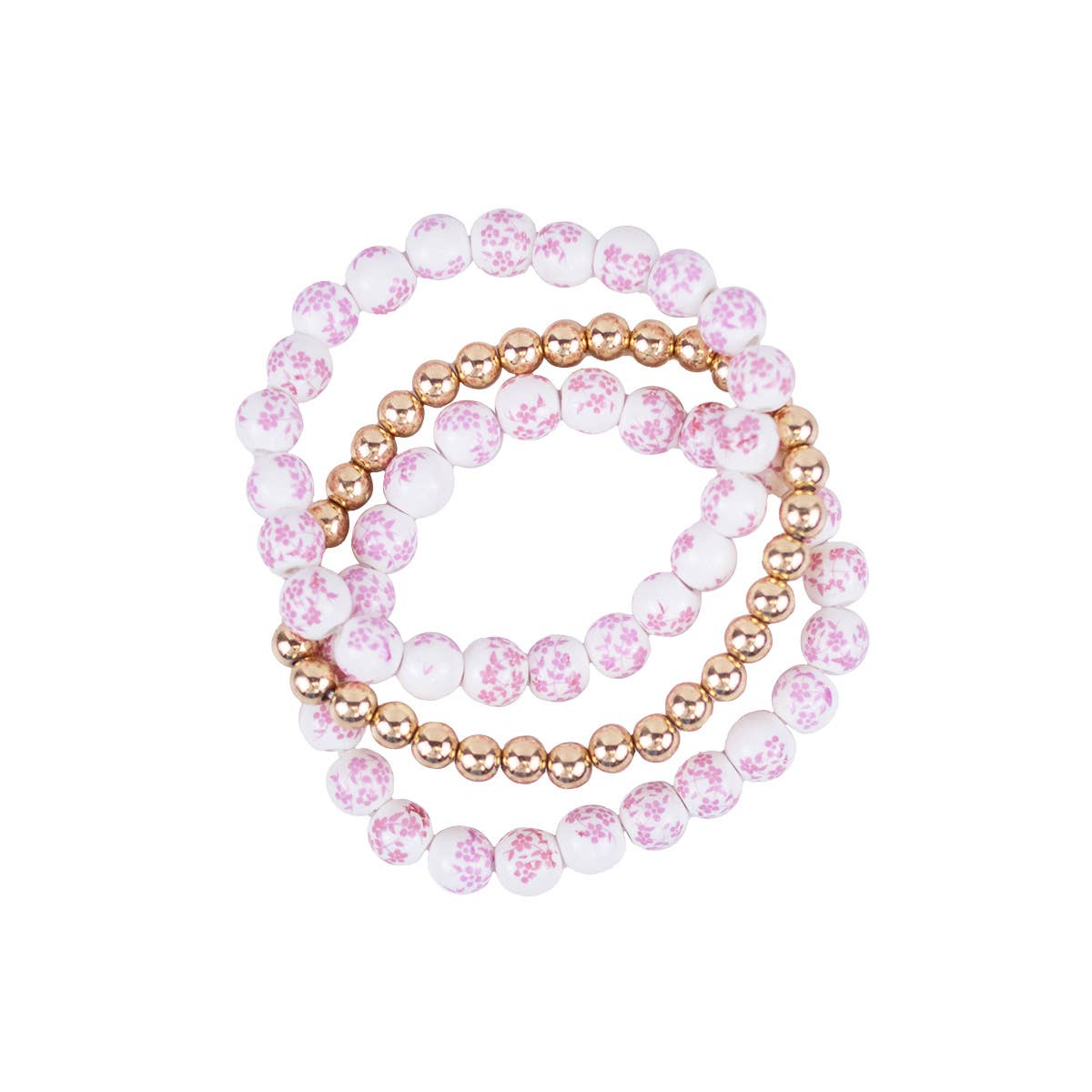Floral Bead Bracelet Stack   Pink/White/Gold   7"