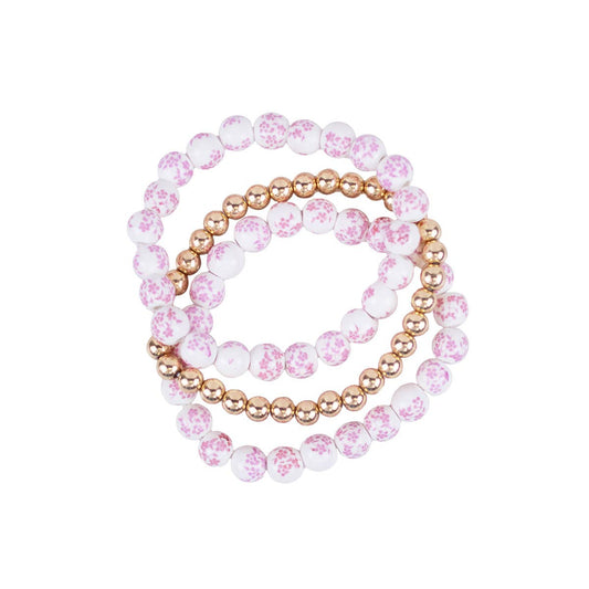 Floral Bead Bracelet Stack   Pink/White/Gold   7"