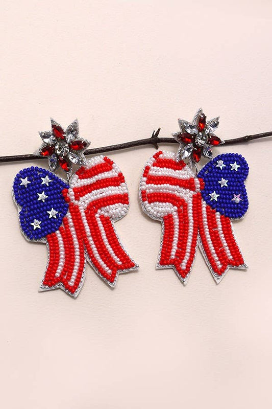 4TH OF JULY SEEDBEAD BOW FLAG DROP EARRINGS