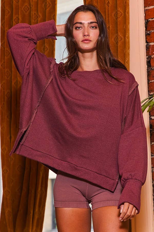 Raw Edge Detail Hi-Low Hem Solid Terry Top