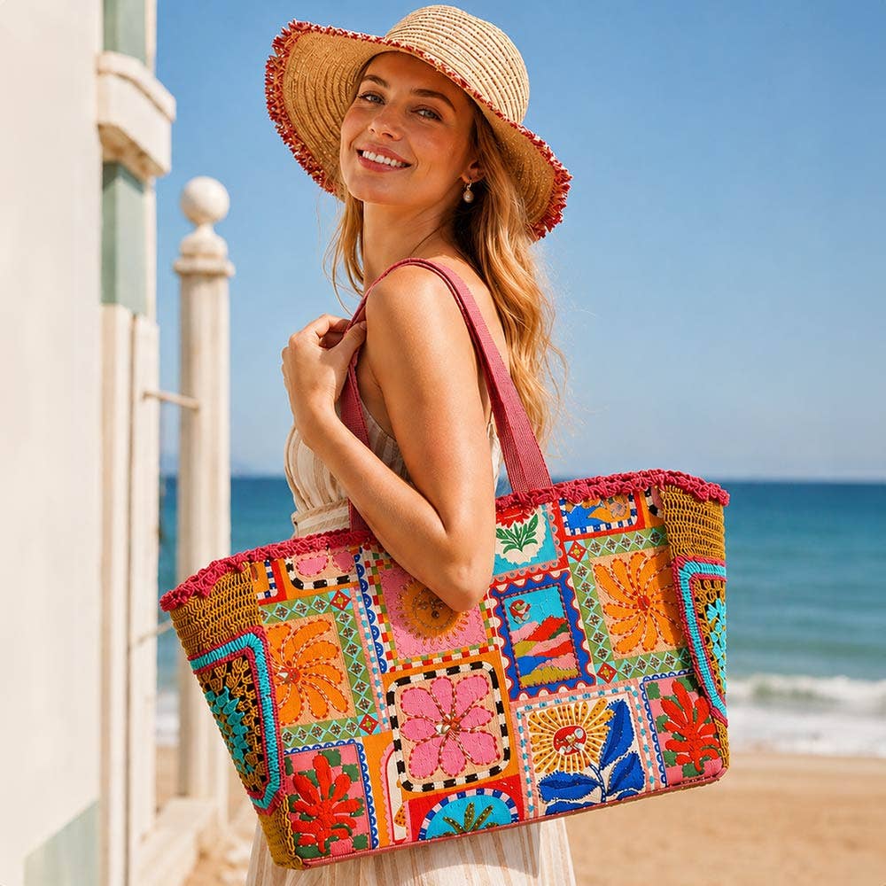Boho Embroidered Floral Patchwork Tote Bag