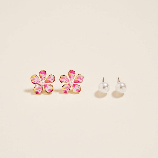 Watercolor Flower Pearl 2Pair Set Earrings