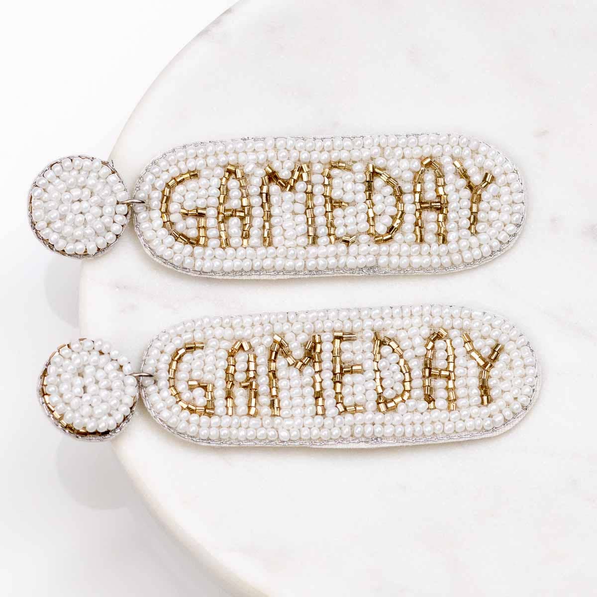 Gameday Beaded Earrings   White/Gold   3"
