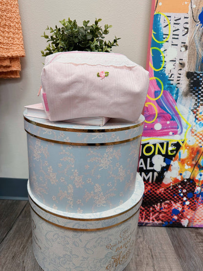 Light Baby Pink Lace trimming Makeup Bag
