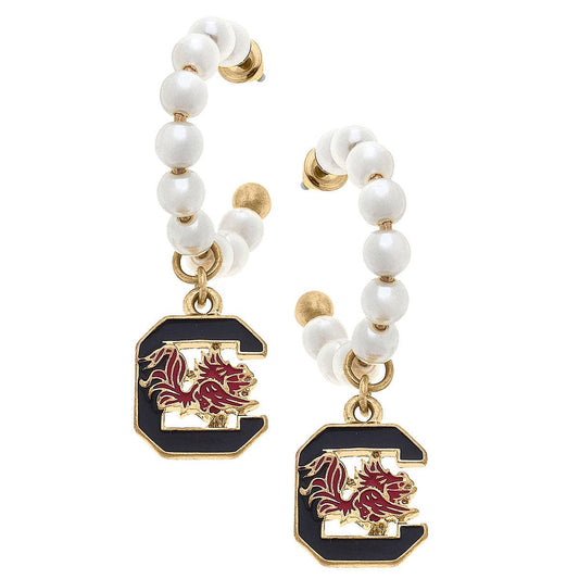 South Carolina Gamecocks Pearl Hoop Enamel Drop Earrings