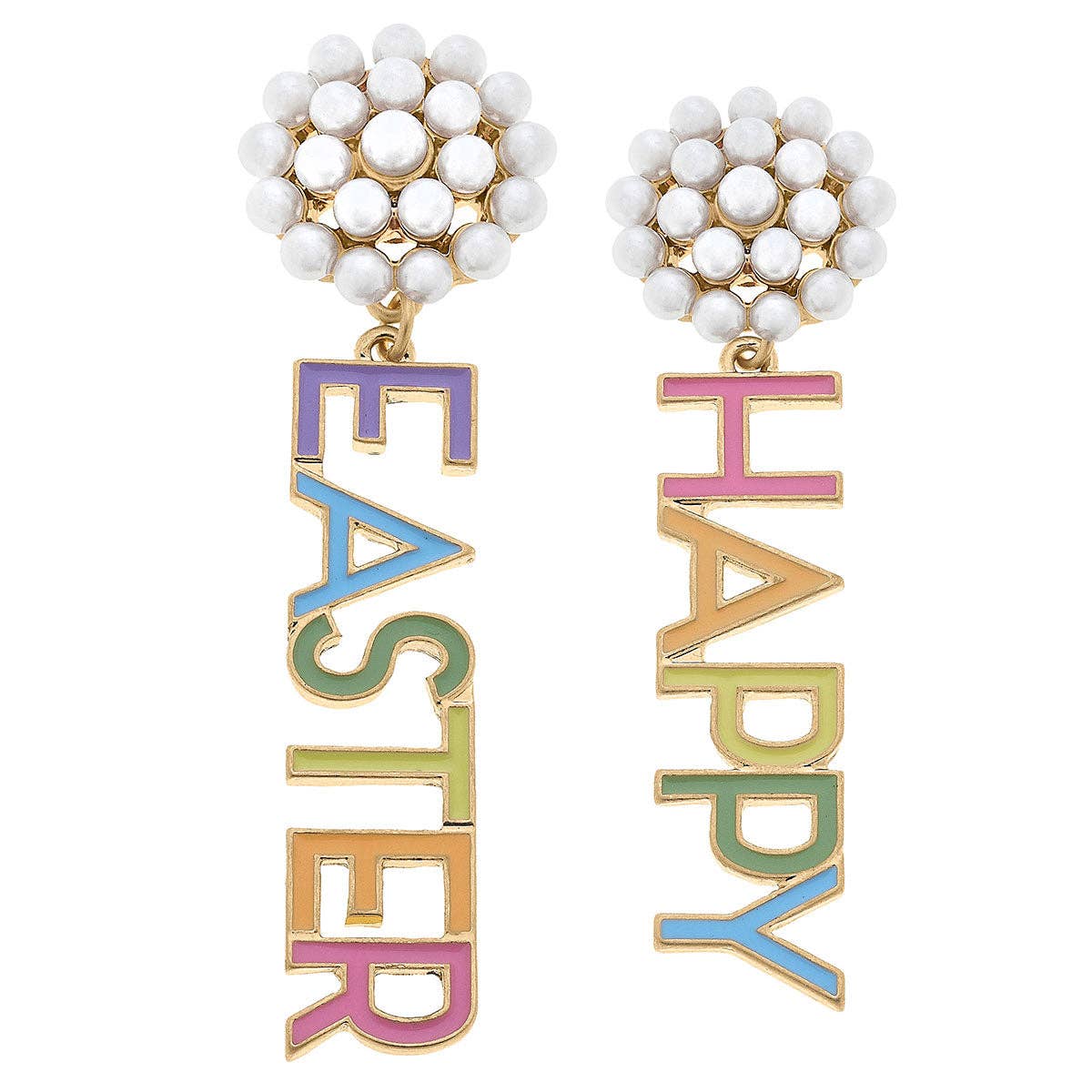 Happy Easter Pearl Cluster Enamel Earrings in Rainbow