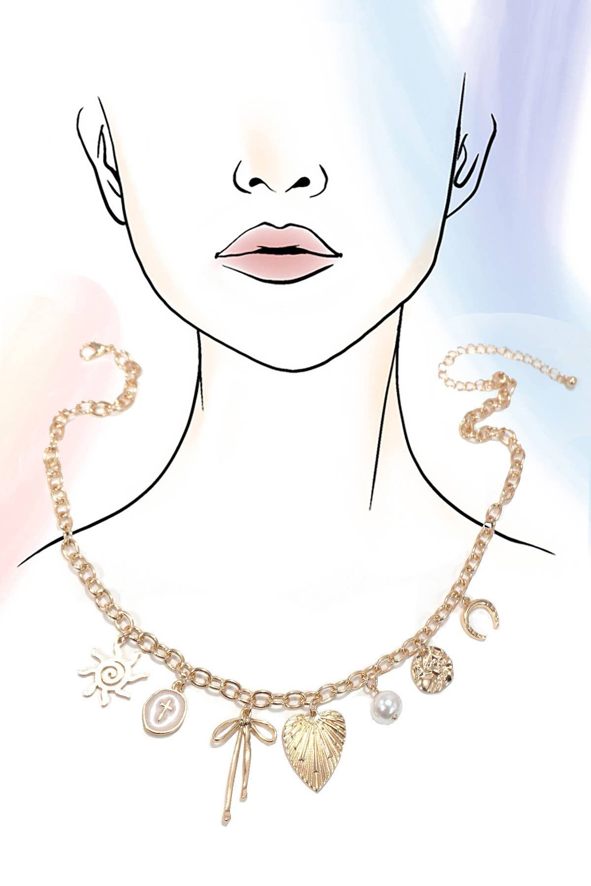 SUN BOW PEARL CROSS DISC U CHARM NECKLACE