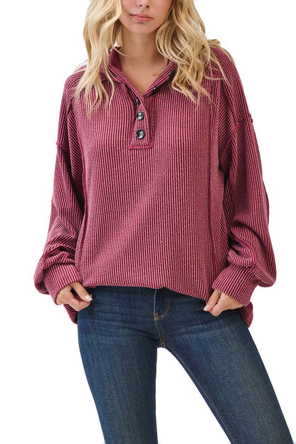 Solid Rib Button Front Hooded Top