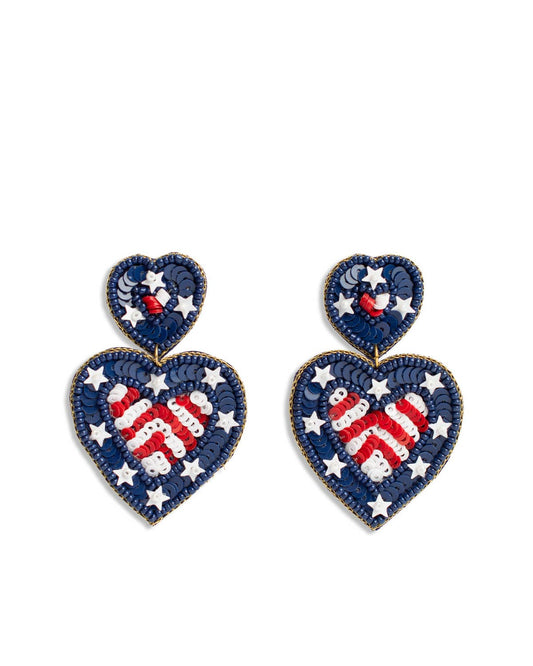 American Heart Beaded Earrings   Red/White/Blue   2.5"