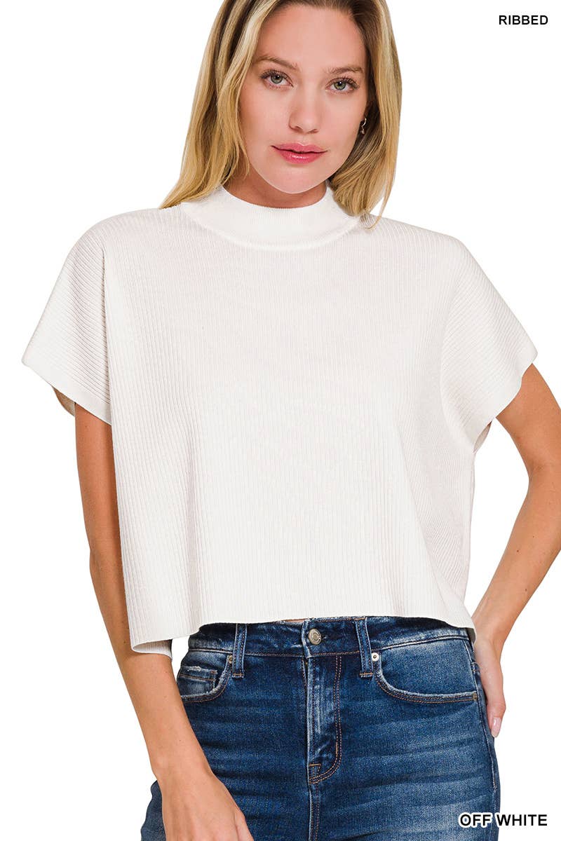 Viscose Mock Neck Short Sleeve Boxy Sweater
