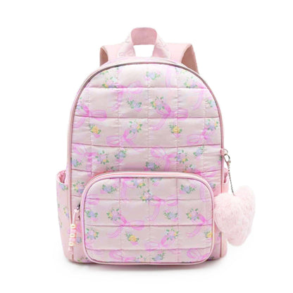 Floral Bow Print Quilted Large Backpack With Charm