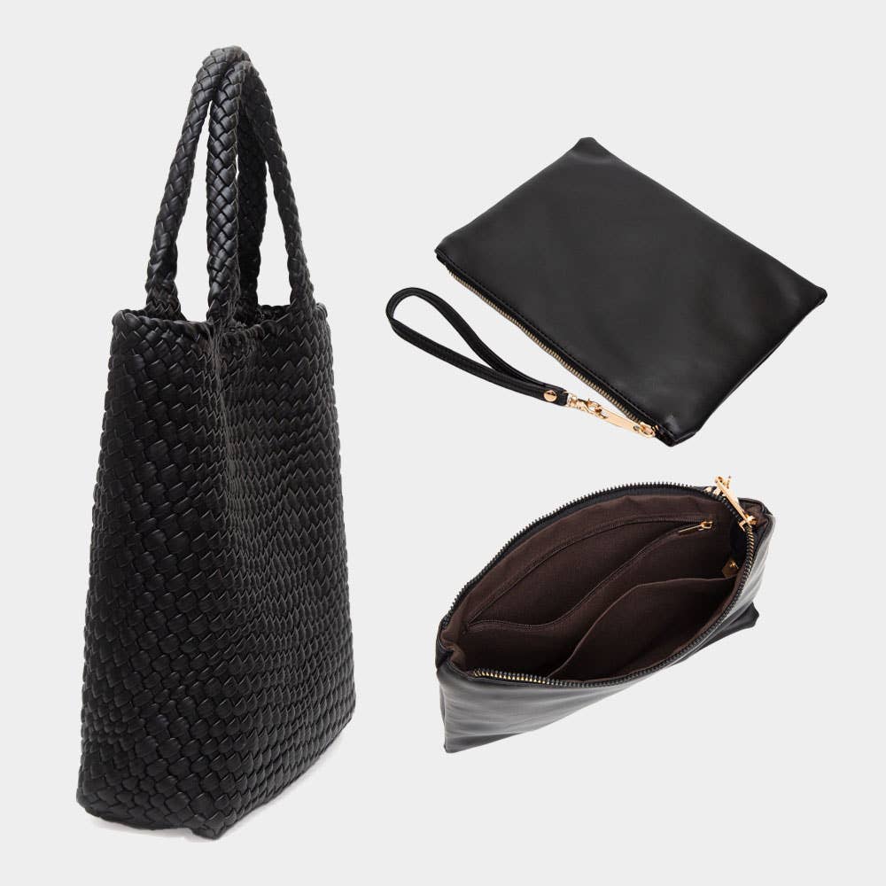 Faux Leather Braided Tote Bag w/Pouch