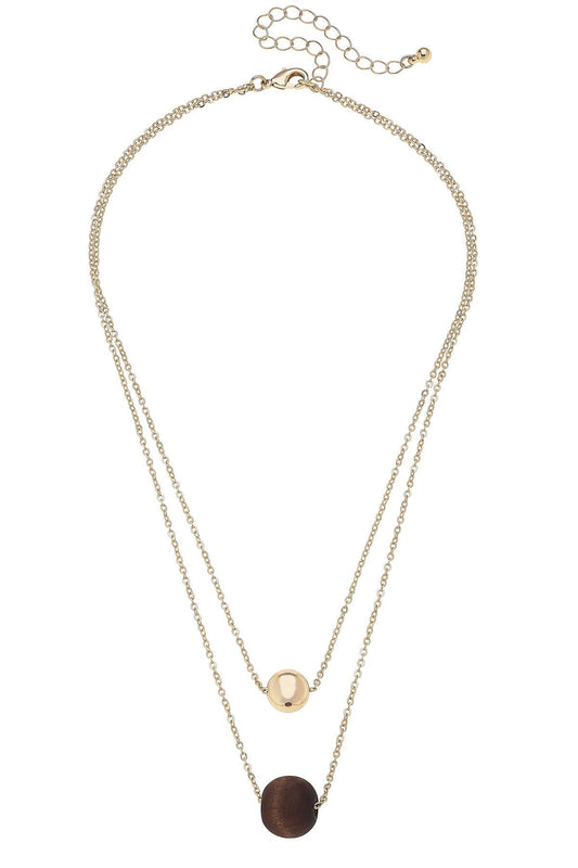 2-Row Layered Wood Bead Necklace in Shiny Gold
