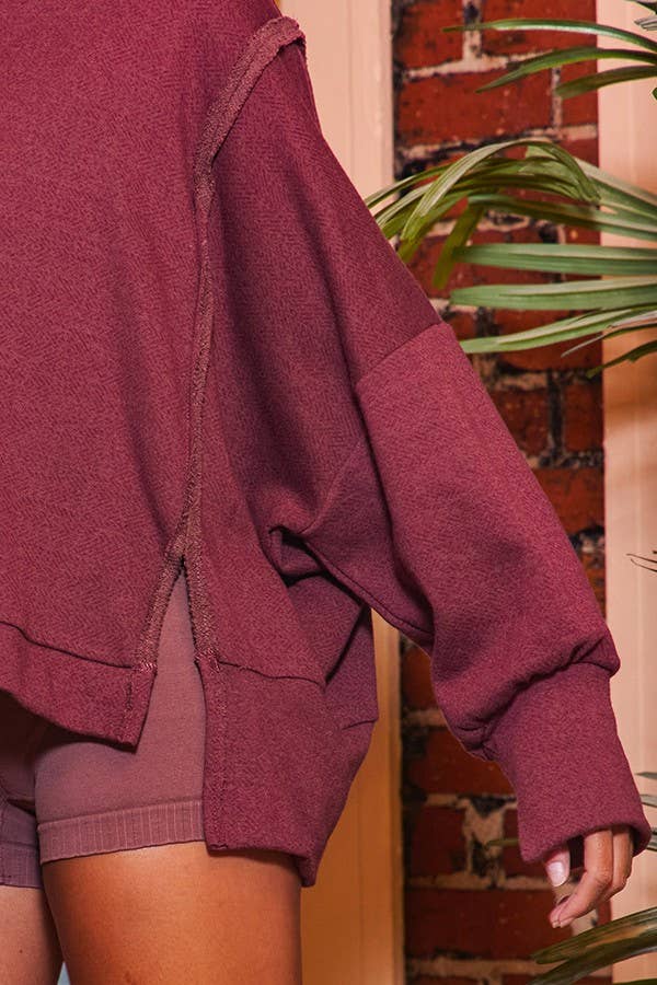 Raw Edge Detail Hi-Low Hem Solid Terry Top