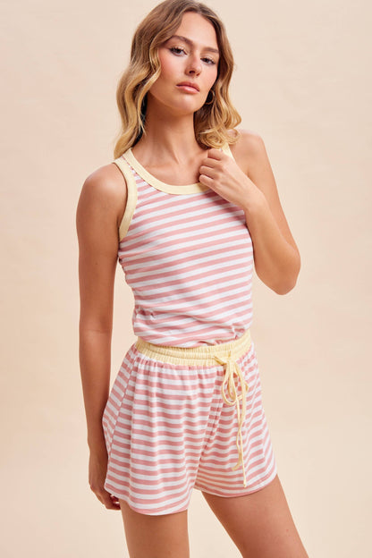 Contrast Color Band Striped Jersey Tank And Shorts Set