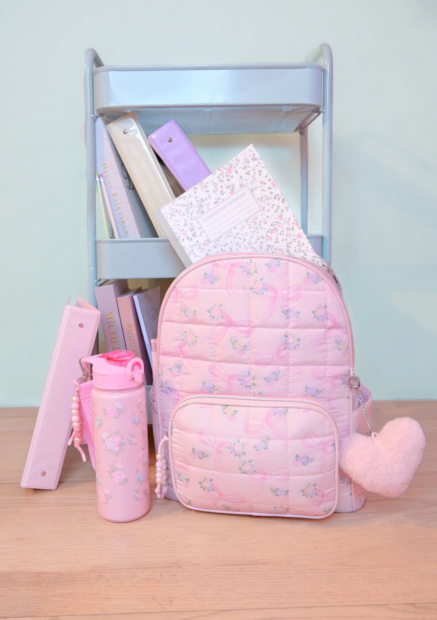Floral Bow Print Quilted Large Backpack With Charm
