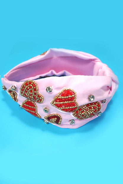 VALENTINE RED HEART PINK SEED BEADED HEADBAND