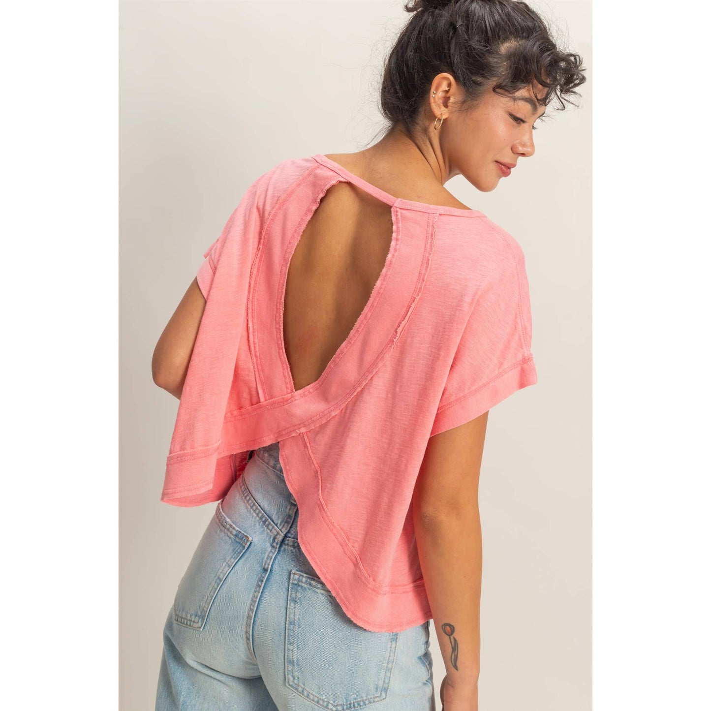 Acid Washed Cross Detail Open Back Top