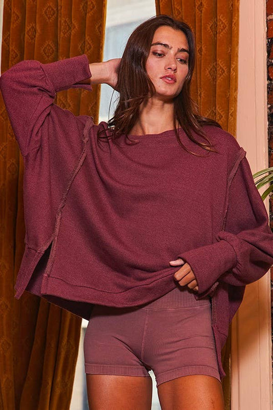 Raw Edge Detail Hi-Low Hem Solid Terry Top