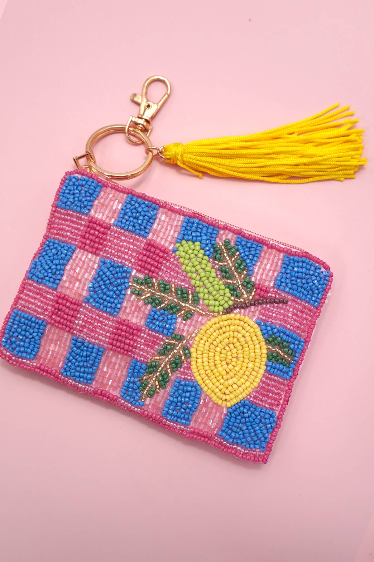 CHECKER FRUIT SEED BEAD COIN TASSEL PURSE