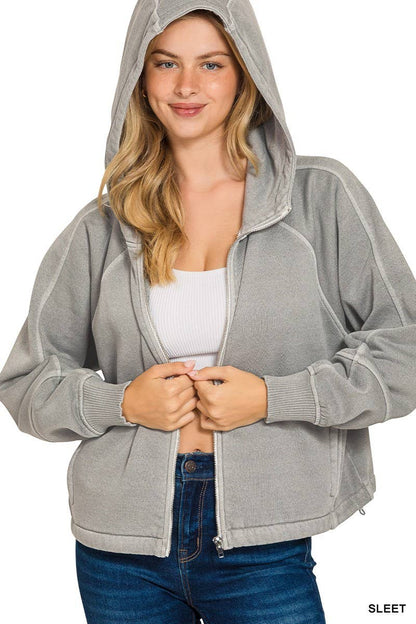 Fleece Pigment Dye Zip Up Hoodie W Pockets