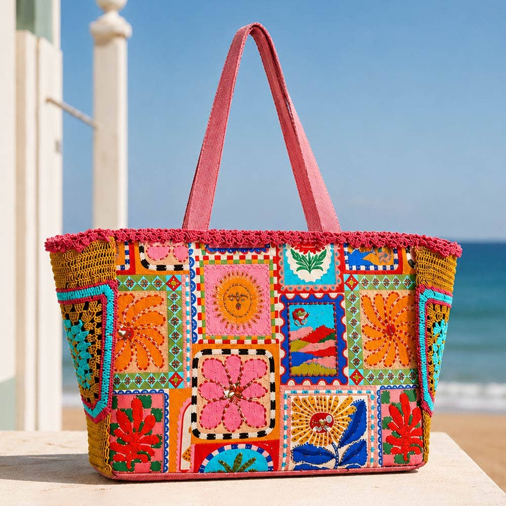 Boho Embroidered Floral Patchwork Tote Bag