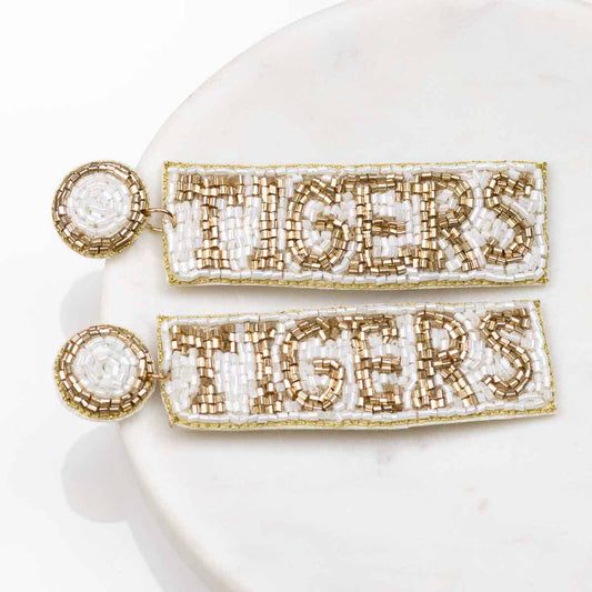 Tigers Beaded Earrings   White/Gold   3"