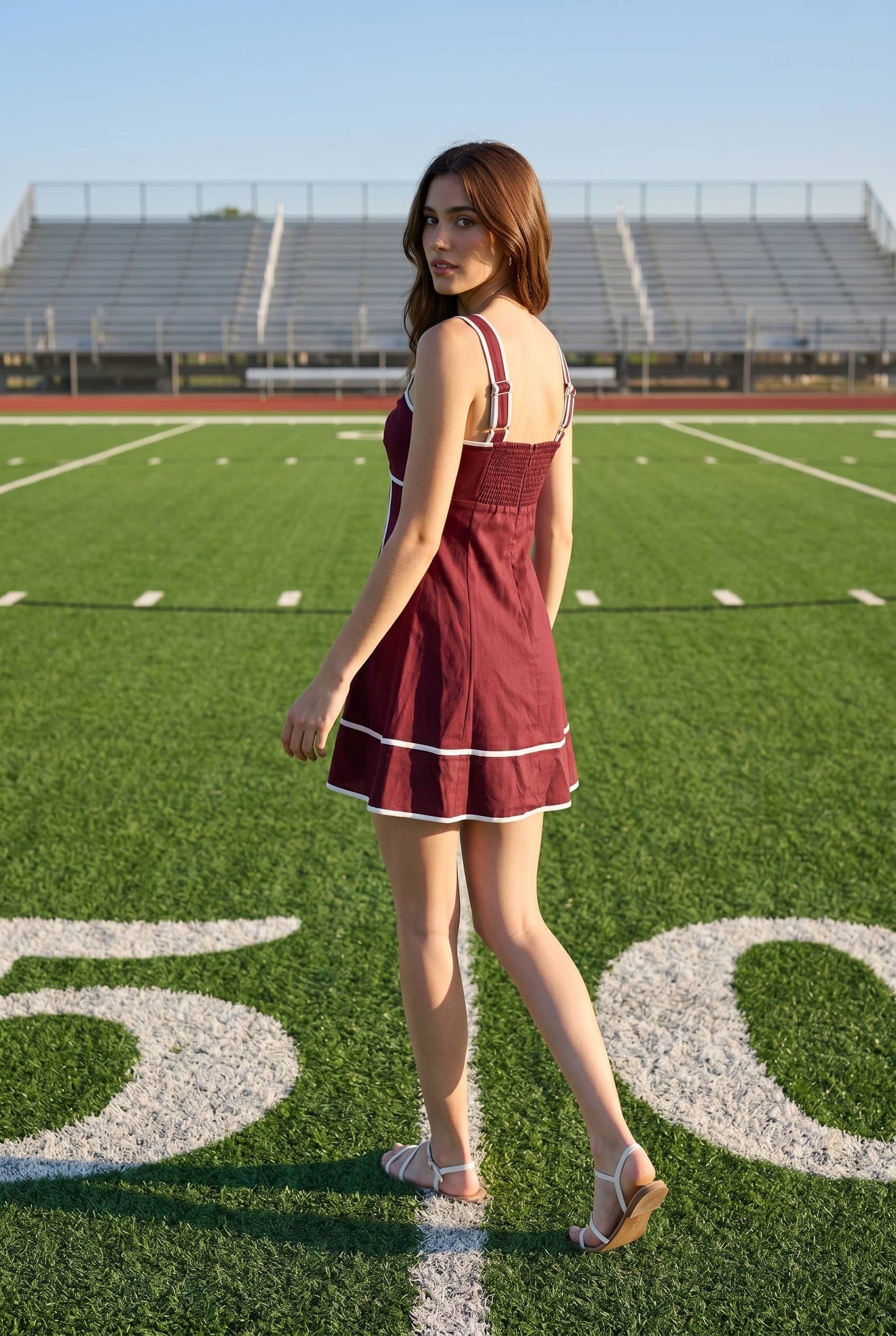 Linen contrast binding cutout mini criss-cross dress