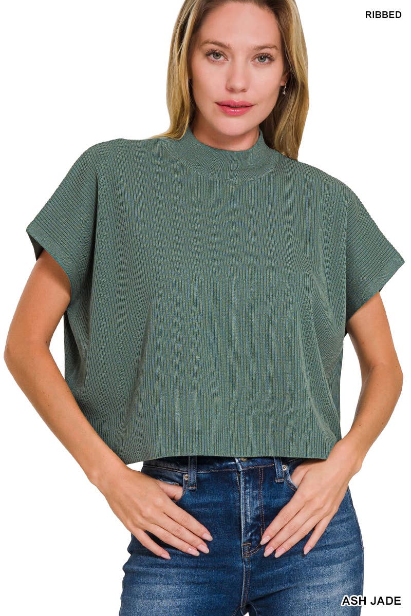 Viscose Mock Neck Short Sleeve Boxy Sweater