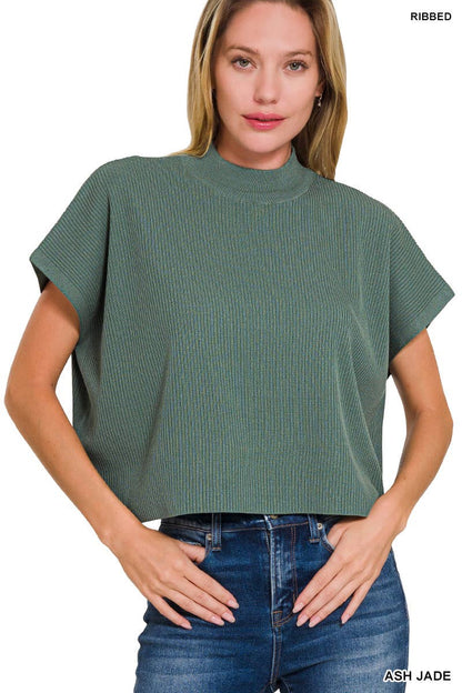 Viscose Mock Neck Short Sleeve Boxy Sweater